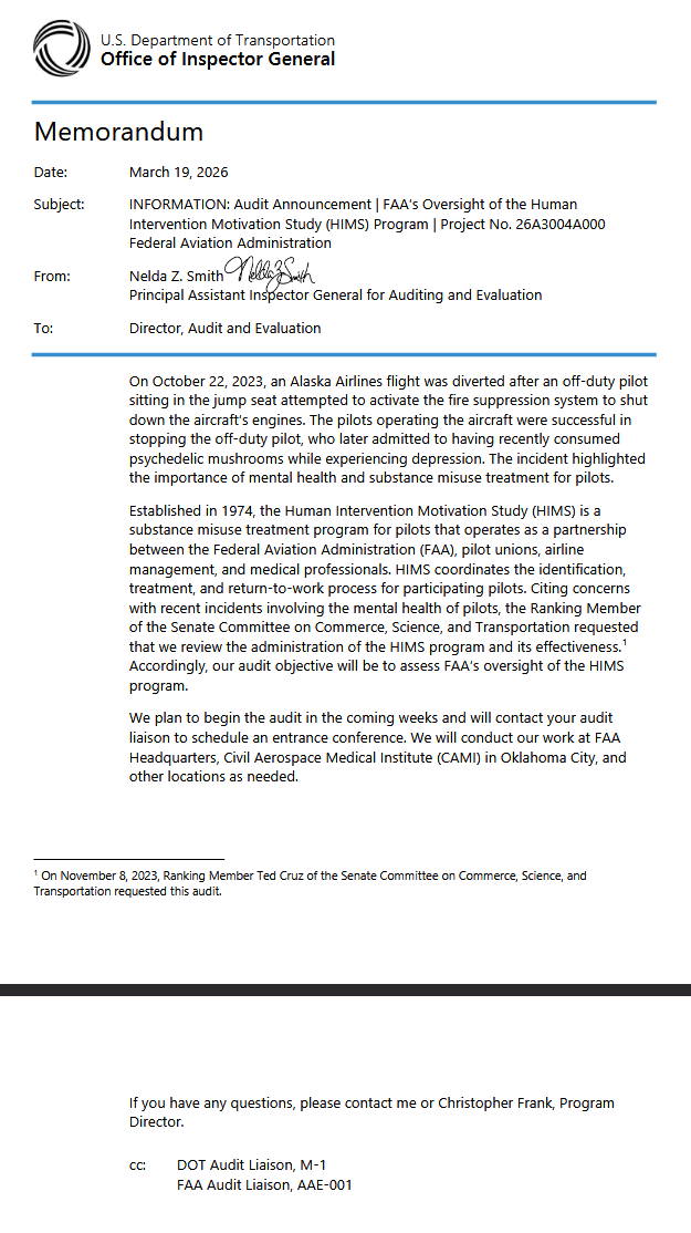 DOT OIG audit announcement memorandum, March 19, 2026 (Project No. 26A3004A000), the first federal oversight audit of th