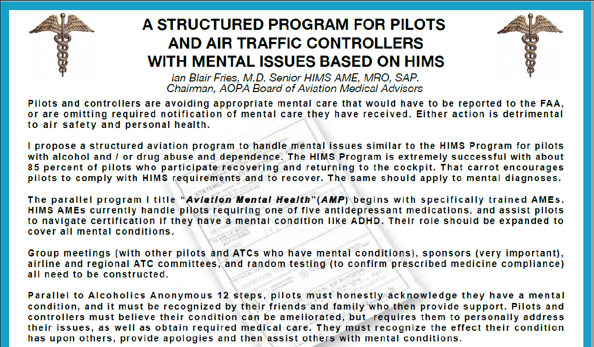 Conference poster titled "A Structured Program for Pilots and Air Traffic Controllers with Mental Issues Based on HIMS" by Ian Blair Fries, M.D., Senior HIMS AME, MRO, SAP, Chairman of the AOPA Board of Aviation Medical Advisors. The text states that the HIMS Program is extremely successful with about 85 percent of pilots who participate recovering and returning to the cockpit, proposes a parallel program titled "Aviation Mental Health" abbreviated AMP, and describes a framework parallel to the Alcoholics Anonymous 12 steps in which pilots acknowledge a mental condition, provide apologies, and assist others.